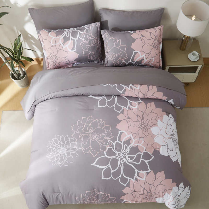  Full Size Comforter Set,Pink Floral Bedding Sets 7 Pieces Bed in a Bag with Sheets, Pillowcases & Shams, Pink