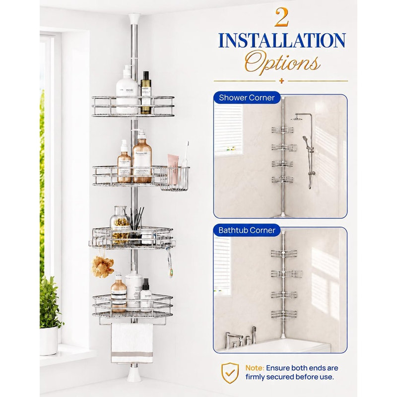 Barre de tension antirouille pour panier de douche en coin, organisateur de salle de bain à 4 niveaux avec étagères réglables pour shampoing, savon et articles de toilette