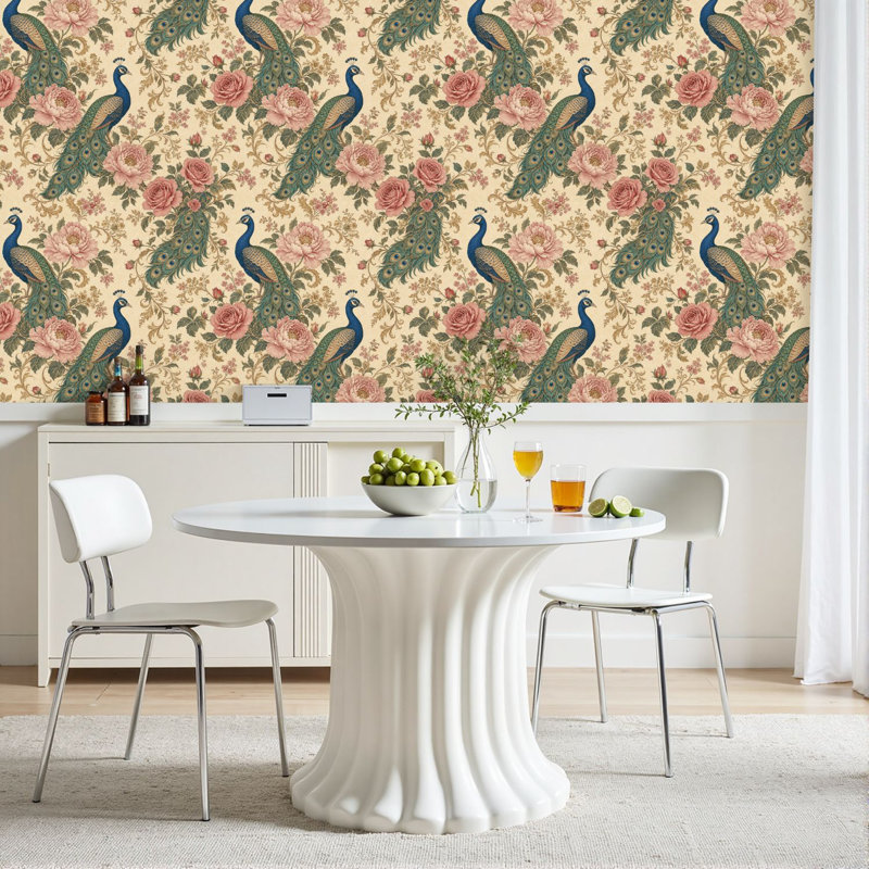 Rouleau de papier peint adhésif amovible et élégant, paon, roses, roses, blanc, rétro, l 23,6 po x H 118 po
