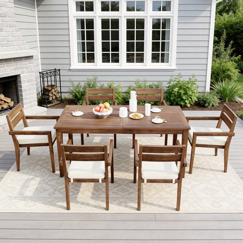 7 - Person Rectangular Acacia Wood Outdoor Dining Set with Cushions, Natural