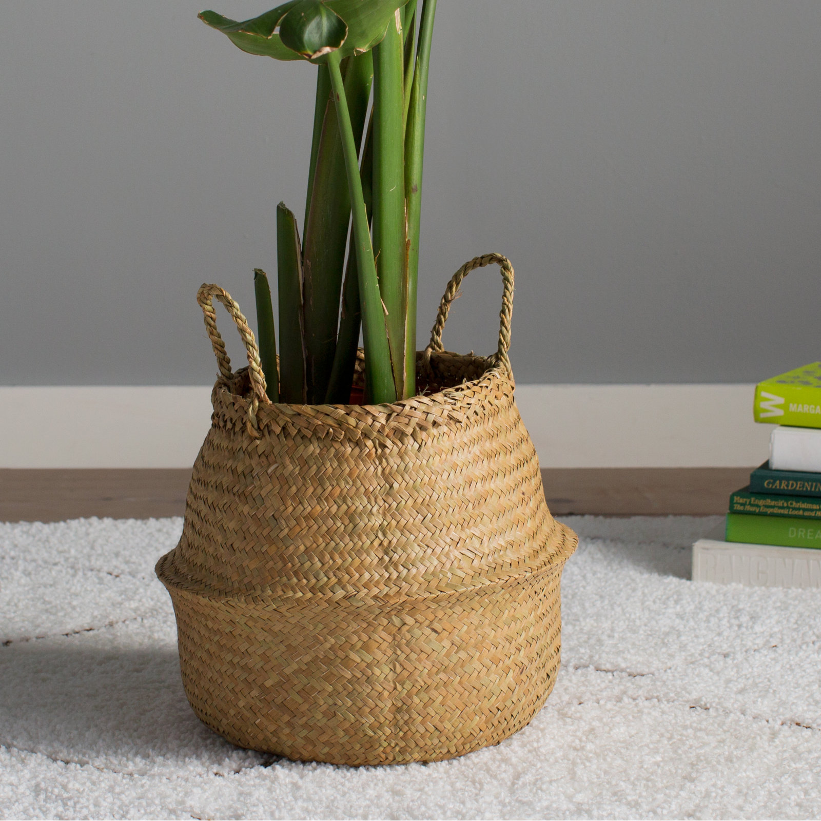 Handmade Seagrass Basket With Handles 1, Natural, 13.5" H x 19.5" W x 19.5" D