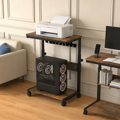 Adjustable 2-Tier Mobile Computer Tower Stand, Built-in USB Power Outlet, Wood & Steel Rolling CPU Holder, Locking Wheels, Under Desk Use