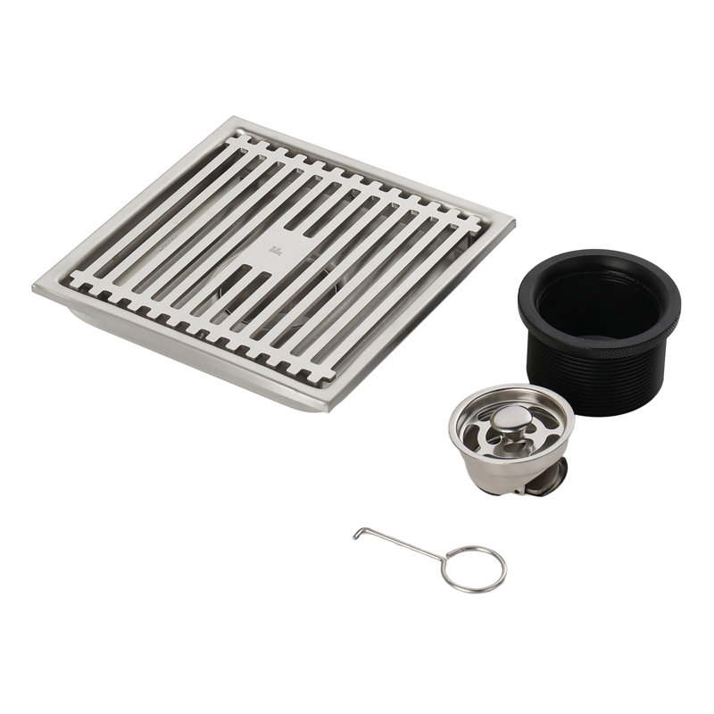 FINE FIXTURES Square Shower Floor Drain, 4 inch Slotted Grate Design, 10-Gauge 304 Stainless Steel, Center Outlet, Fast Drainage, Hair Strainer Included
