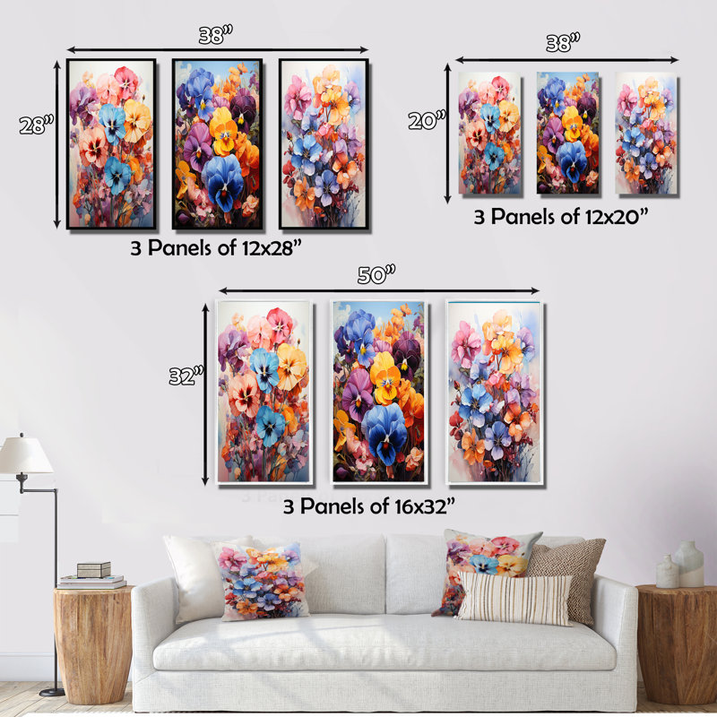 «Pansies Représentation multicolore acrylique I», 3 pièces sur toile, H 20 po x l 36 po, Toile tendue