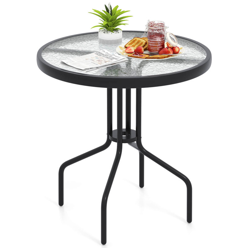 27.5" Patio Bistro Table With Tempered Glass Tabletop 1.57" Umbrella Hole