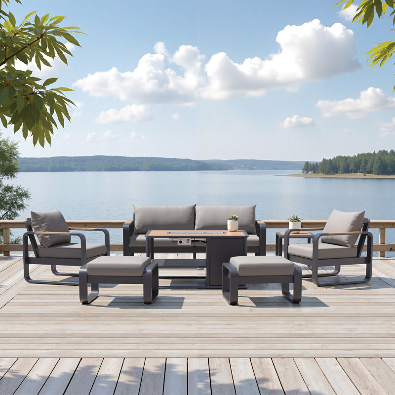 Andes 7-Piece Outdoor Patio Fire Seating Set - Olefin Charcoal, Olefin Charcoal