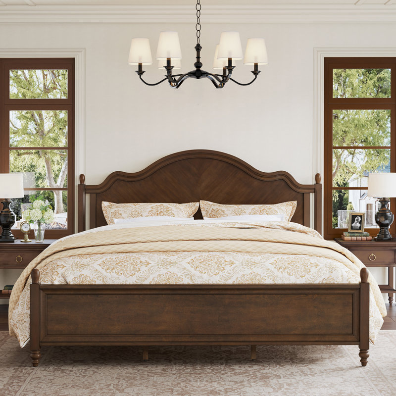 Mid-Century Modern Solid Wood Bed with Herringbone-Inspired Pattern Headboard, King, Dark Walnut