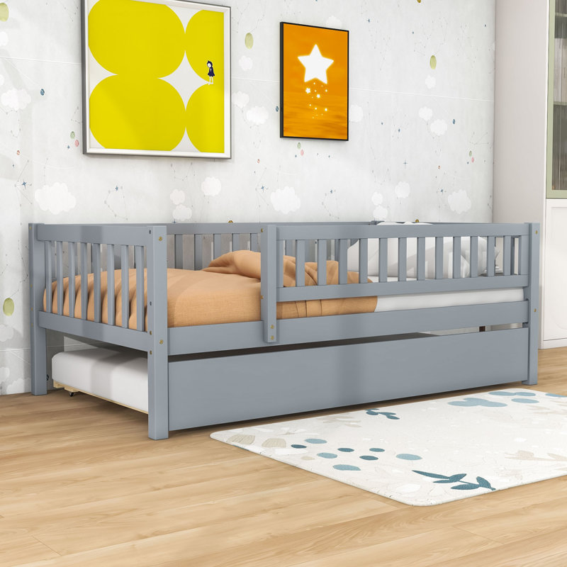 Clyda Daybed with Twin Trundle and Fence Guardrails, Twin, Gray