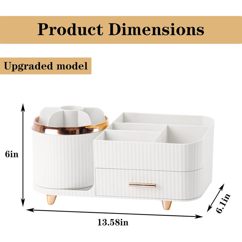 Organisateur de maquillage rotatif à 360 ° avec porte-pinceau et tiroir, grand espace de rangement pour cosmétiques pour comptoir de meuble-lavabo, vitrine de soins de la peau et de beauté à compartiments multiples