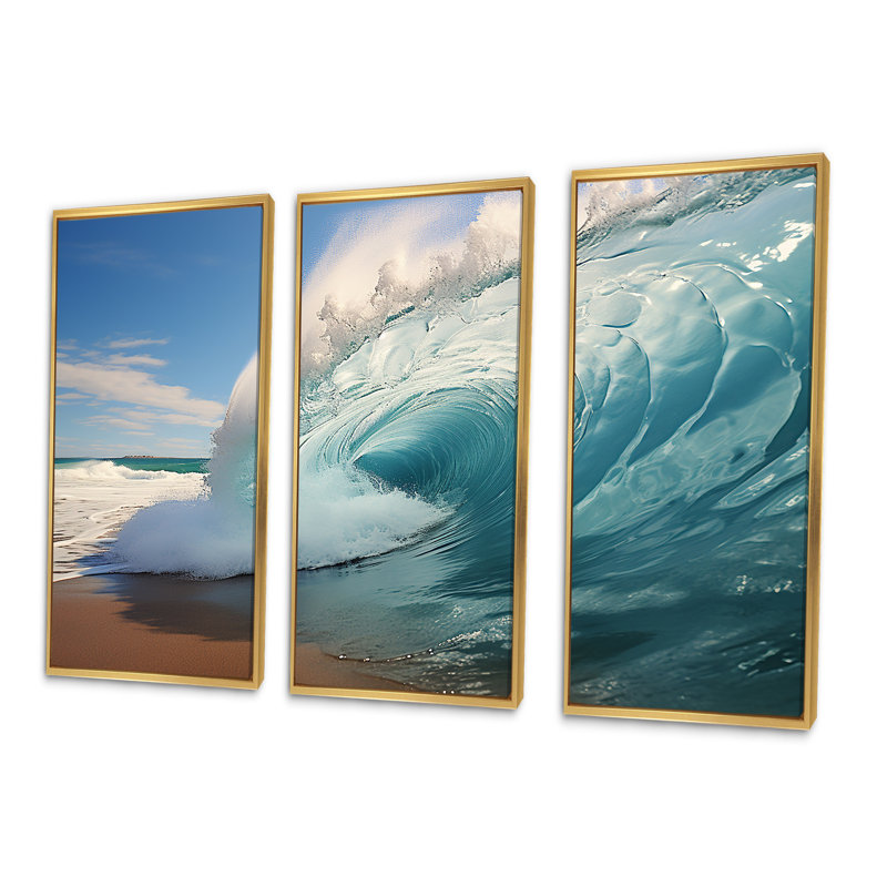 «Turquoise Ocean's Force Unleashed II», ensemble d'art sur toile côtière, Cadre flottant doré, H 32 po x l 48 po x P 1 po