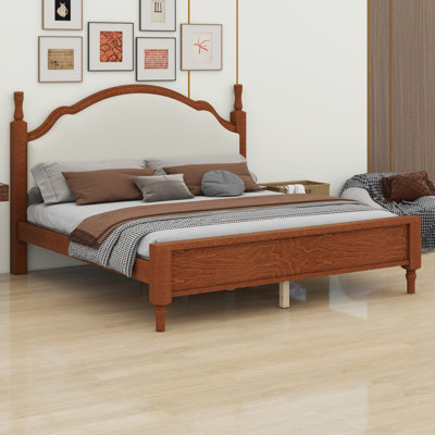 Mid-Century Wood Platform Bed with Upholstered Headboard