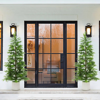 2 Pack 5Ft Artificial Cedar Topiary Trees for Front Porch Decor, Real Touch Christmas Topiary, Realistic Potted Fake Faux Tree Plants for Indoor Garden Holiday