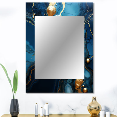 Or et mosaïque de marbre bleu saphir III - miroir unique abstrait, grand miroir mural moderne, art imprimé en métal