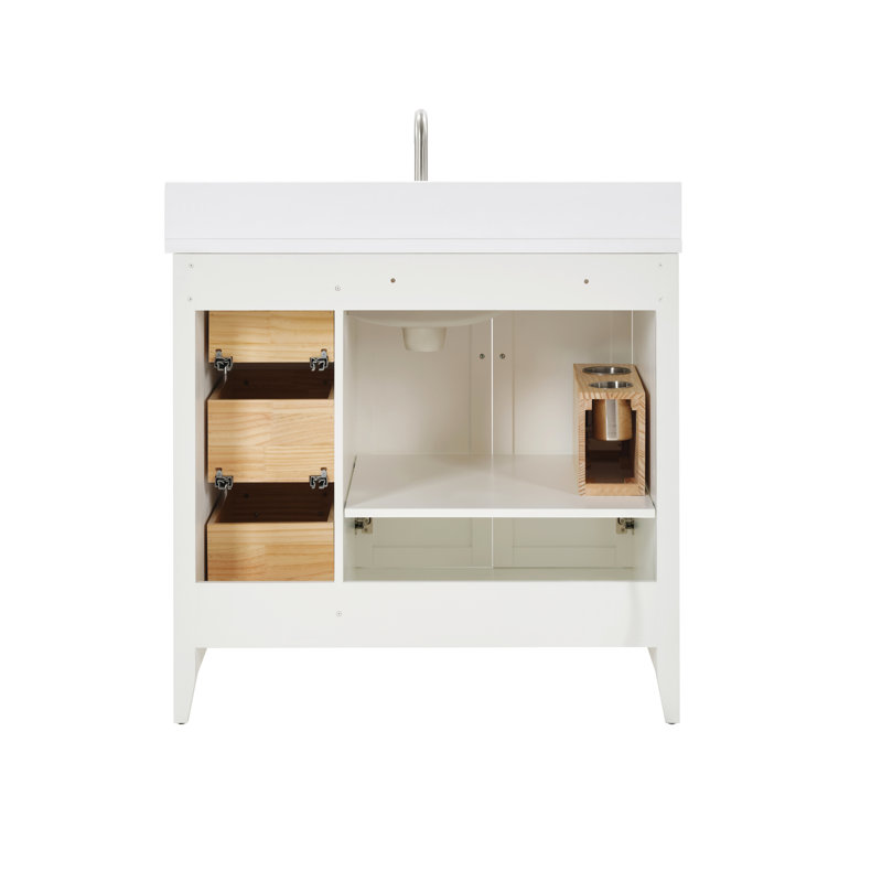 Meuble-lavabo de 36 pouces en bois massif avec puissance us, pré-assemblé, comptoir blanc brillant, 3 tiroirs silencieux, rangement réglable, options de couleurs doubles pour une décoration moderne, assemblage, ultra