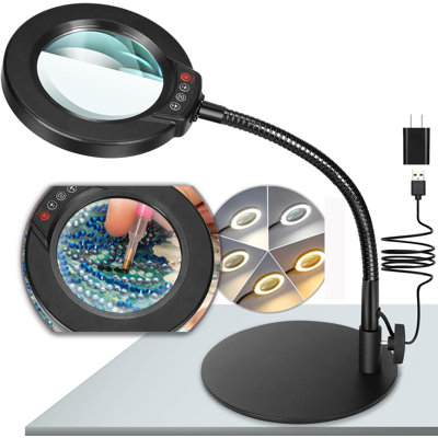 Loupe 10X avec lumière DEL et support, lampe de bureau à intensité variable avec 5 modes de couleur, col de cygne flexible pour l'artisanat, les loisirs et le travail rapproché