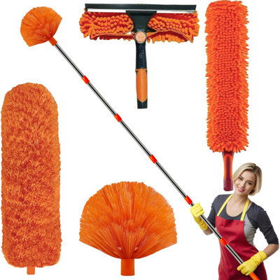 20+ Ft High Reach Duster Kit With 3-14 Ft Spliceable Pole // High Ceiling Dusting And Window Cleaning Tool // Window Washer & Squeegee, Cobweb Duster, Fan Blade And Feather Dusters