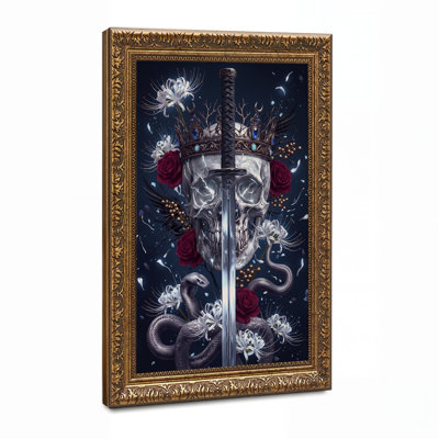 Crowned Silver Skull With Sword And Coiled Snake Halloween Canvas Wall Art