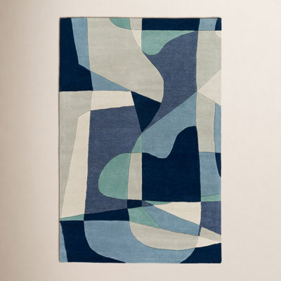 Gaye Teal Navy Beige Hand-Tufted Geometric Rug