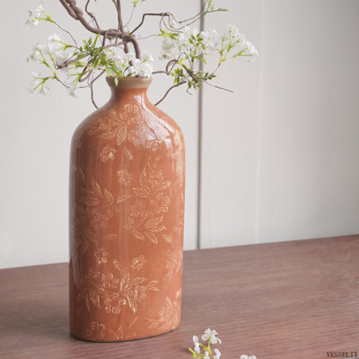 6.7"x3.7"x14.4" Red Ceramic Accent Vase with Floral Motifs, Tall Slim Tabletop Flower Vase