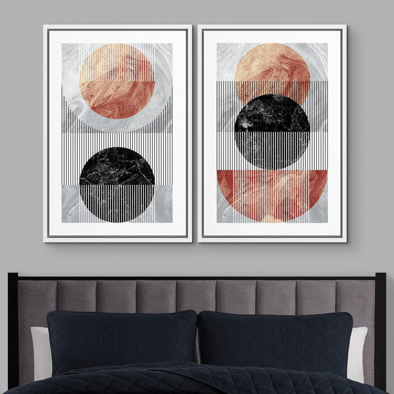 Style Mid-Century, cercles de marbre géométriques, formes abstraites, illustrations, paysage chic moderne, néon, Blanc