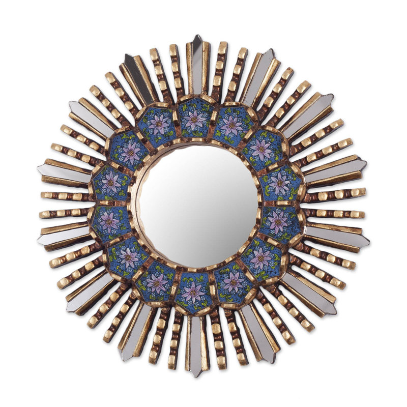 Floral Reverse Painted Glass and Wood Wall Mirror