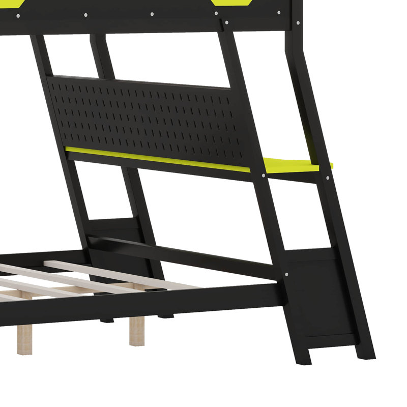 Wood Bunk Bed With Desk, Bunk Bed With Charging Station And Pegboard, Game Room Bunk Beds For Small Space, Full, Green