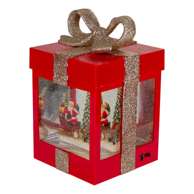 7"" Lighted Red Gift Box Christmas Snow Globe with Santa and Reindeer -  Northlight Seasonal, NORTHLIGHT SR91082