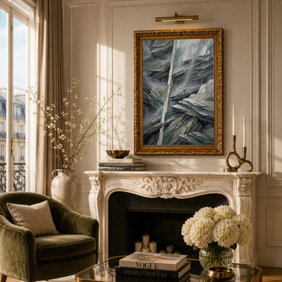 Vertical Crack in Layered Grey Slate Rock with Green Veins Canvas Wall Art