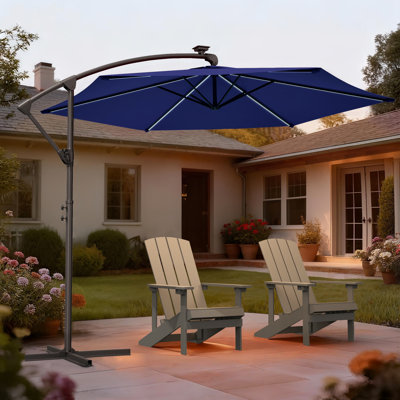 10 Ft Solar LED Cantilever Offset Patio Umbrella with Foldable Handle & Cross Base, All-Weather Outdoor Umbrella for Deck Backyard Garden Pool