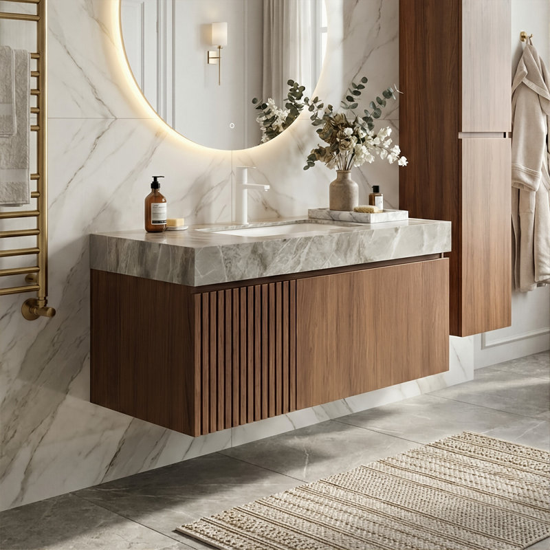 Meuble-lavabo flottant moderne de 36 po, plateau en pierre frittée (gris clair / travertin) avec lavabo en céramique et armoire en contreplaqué (chêne blanc / chêne brun) et 1 tiroir