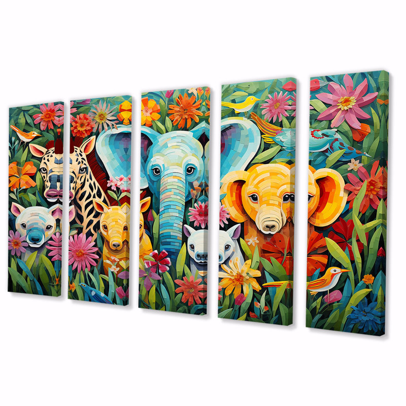 Colourful Cute Animal Nursery III - Animal Nursery 5 Piece Wall Art Decor, 32" H x 80" W