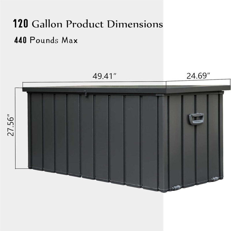 Boîte de rangement pour l'extérieur 120 gallons, H 27,56 po x l 49,41 po x P 24,69 po, Noir