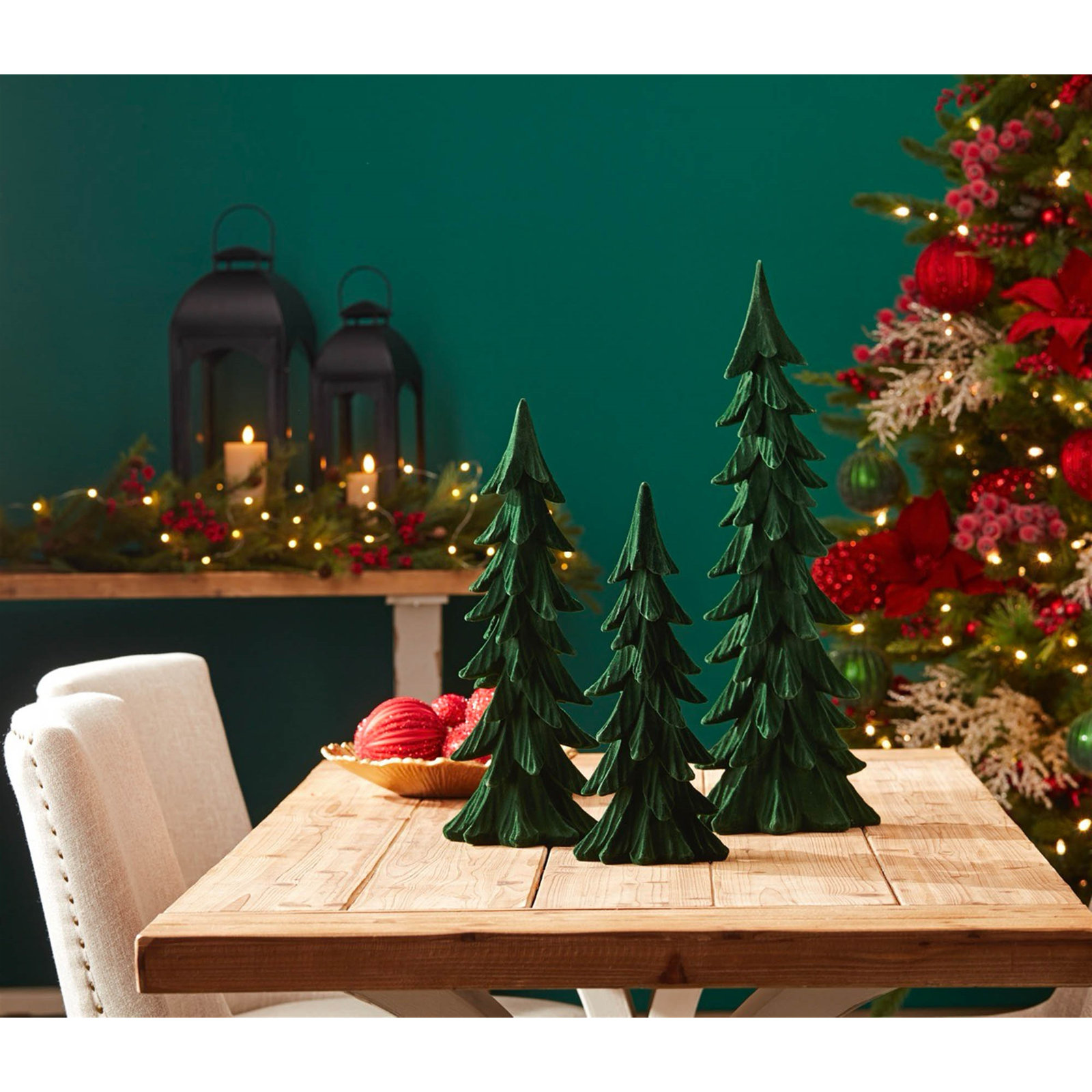 3-Piece Velvet Pine Tree Sculpture, Red
