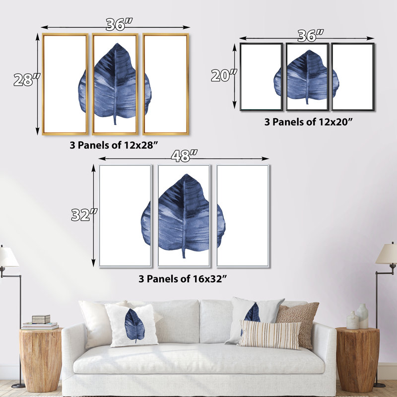 «Blue Leaf Watercolor on White», reproduction sur toile flottante 3 pièces, H 28 po x l 36 po x P 1 po, Cadre brun