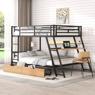 Zillah Metal Bunk Bed with Built-in Desk, Drawers and LED Light