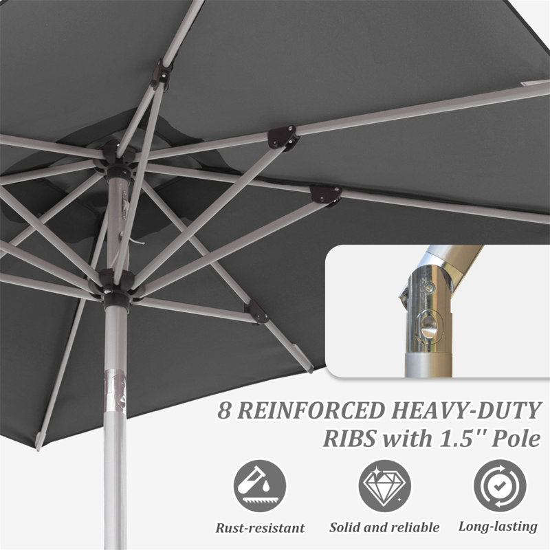 Parasol de patio rectangulaire avec fonction de levage à manivelle et d'inclinaison, gris (base non incluse), Gris