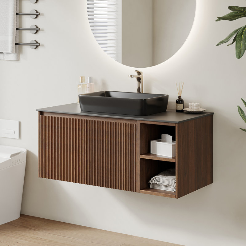 Meuble-lavabo simple 35,83 po avec plateau en pierre frittée brillante Antonanzas, Bois foncé, Black