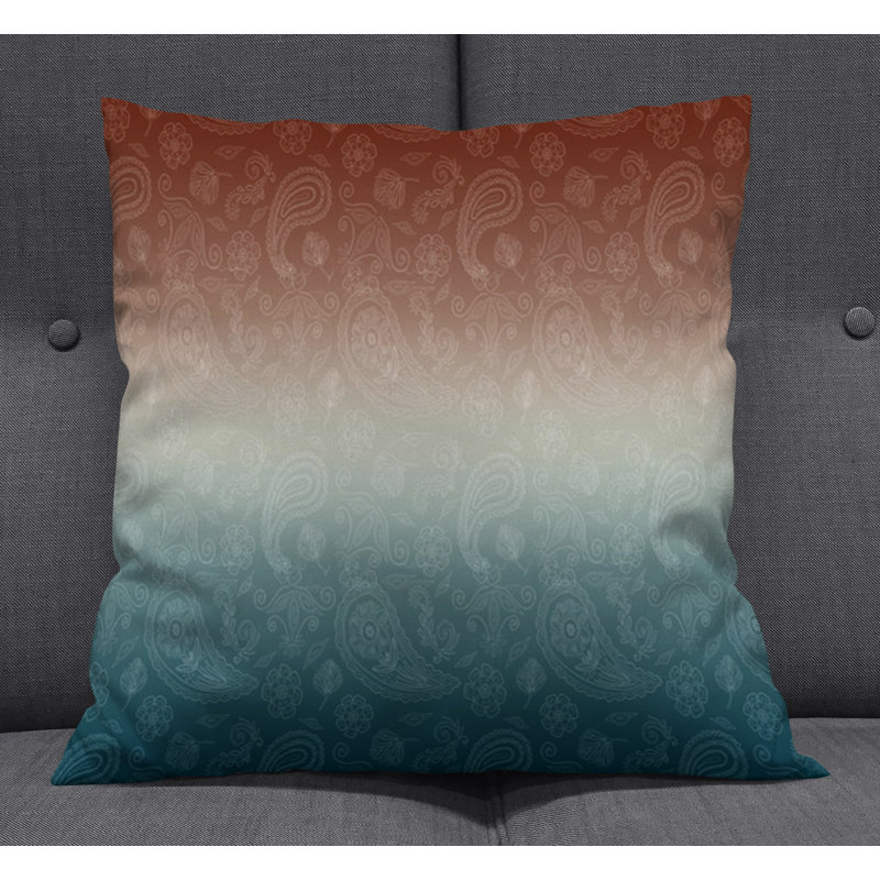Throw Pillow With Insert, Blue/Orange Paisley/Ombre 3, 20"H x 20"W