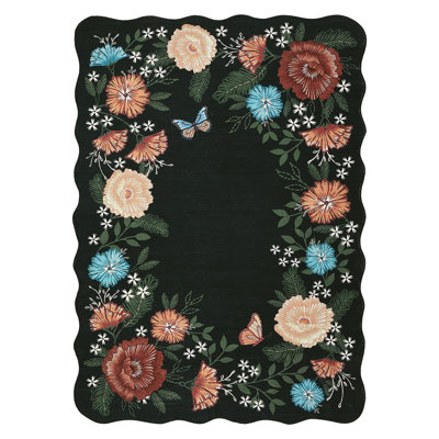 Tapis lavable 5 x 7 po à motif floral rétro, antidérapant, antidérapant, facile à nettoyer et à poils courts pour le salon, la salle à manger, la salle à manger, le bureau, noir