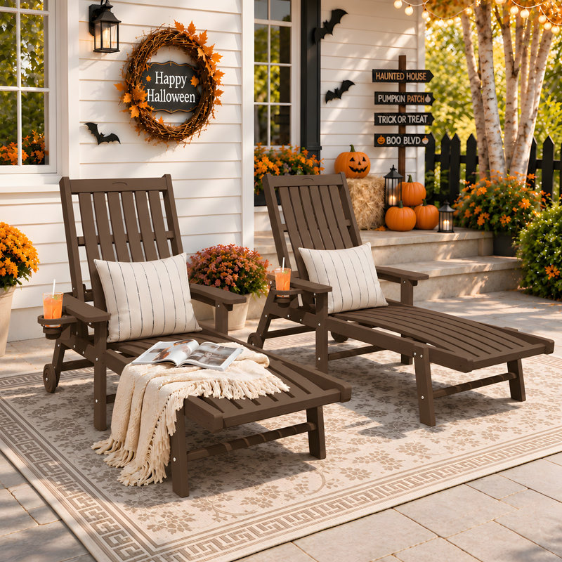 Brown Outdoor HDPE Adjustable Reclining Chaise Lounge Chair With Wheels & Cup Holder (Set of 2), Brown, 2