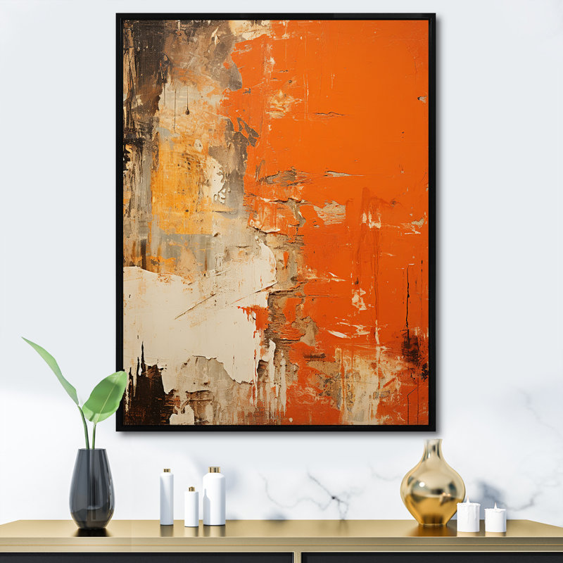 Orange abstrait, art chaos de feu II - art mural abstrait, Cadre flottant noir, H 44 po x l 34 po x P 1,5 po