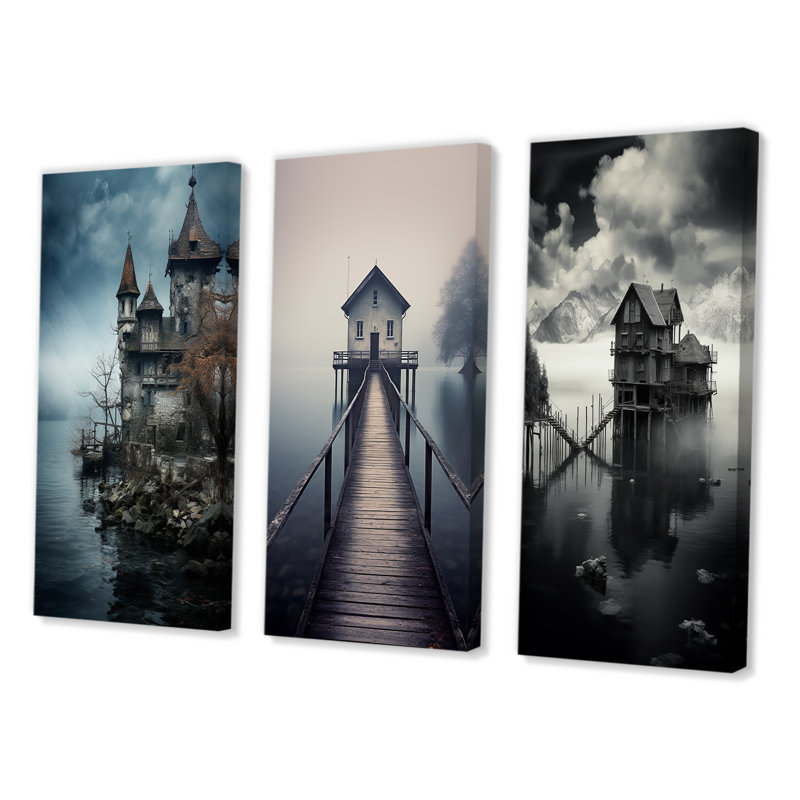 «Mysterious Castle By The Misty Lake», 3 pièces, Toile tendue, H 48 po x l 32 po
