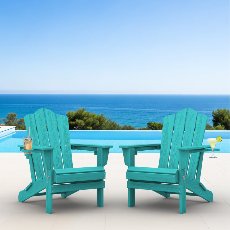 Ayanda HDPE Folding Adirondack Chair With Dual Cup Holder(Set Of 2), Peacock Blue