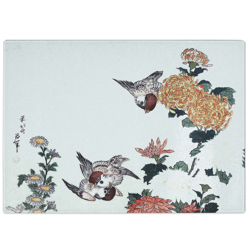 Tempered Glass Sparrows & Chrysanthemums by Katsushika Hokusai Chopping Board, 39 cm W x 28.5 cm L