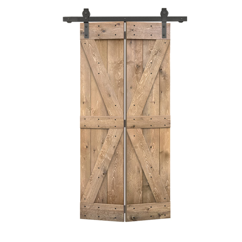 Porte de grange pliante en bois de pin avec quincaillerie coulissante, Marron clair, 38 po x 84 po