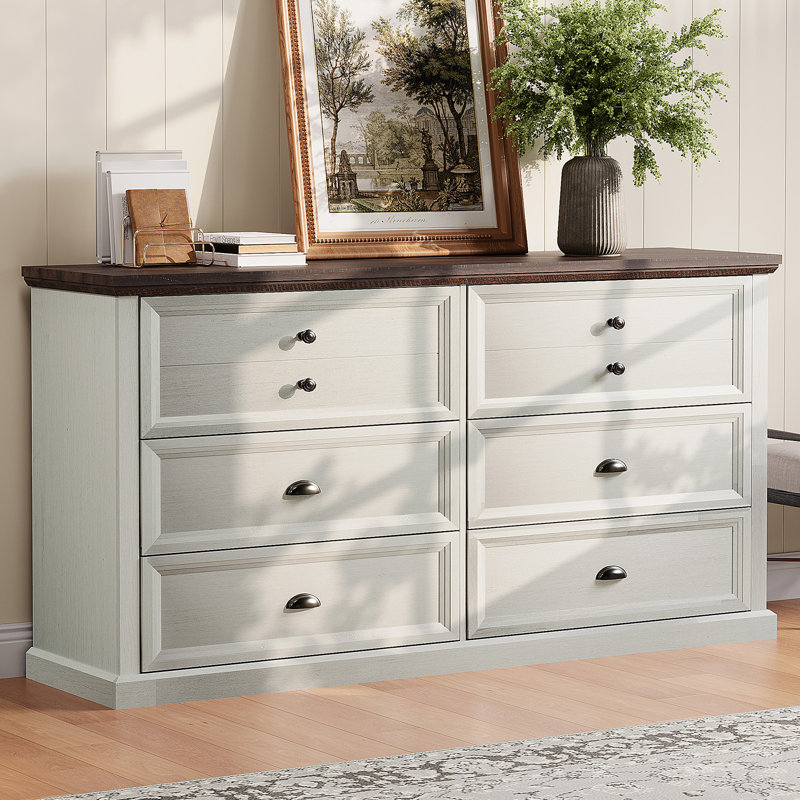 Commode 6 tiroirs 58 "Farmhouse, Blanc / Brun