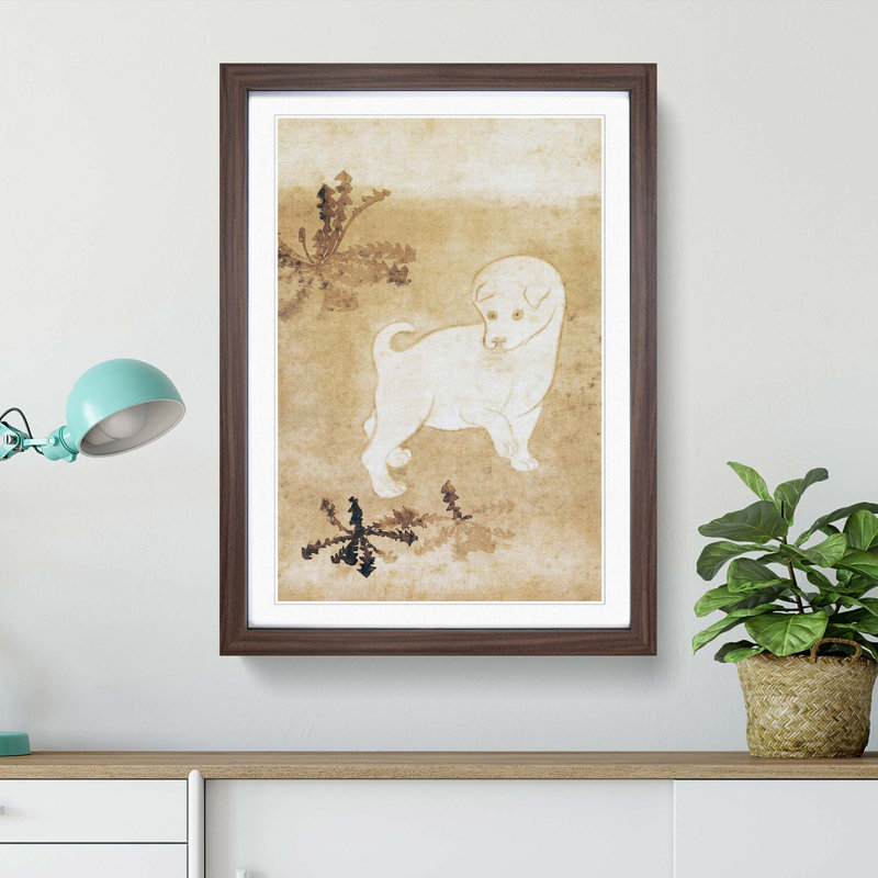 Puppy and Dandelions by Tawaraya Sotatsu - Picture Frame Painting Print, Walnut Framed, 65cm H x 48cm W x 2cm D