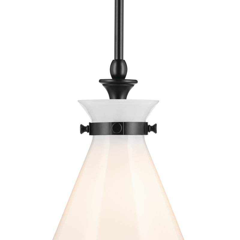 Luminaire suspendu traditionnel 1 lumière avec verre, Opale antique, Noir satiné, H 14,5 po x l 10,5 po