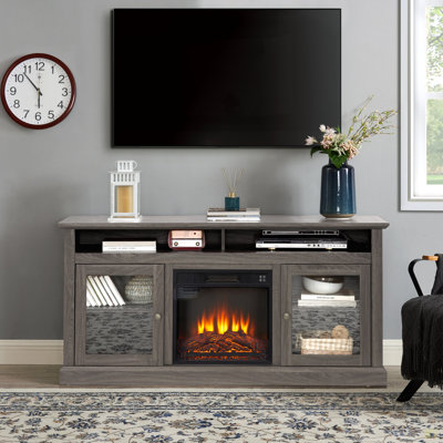 Meuble télé rétro pour téléviseur de 65 po, meuble télé avec rangement, centre de divertissement à tablettes ouvertes avec foyer encastré de 18 po de largeur l 60 po x P 15,75 po x H 29 po
