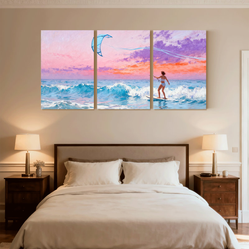Plage, surfeur de cerf-volant sur les vagues de l'océan au coucher du soleil, ensemble de 3 impressions sur toile